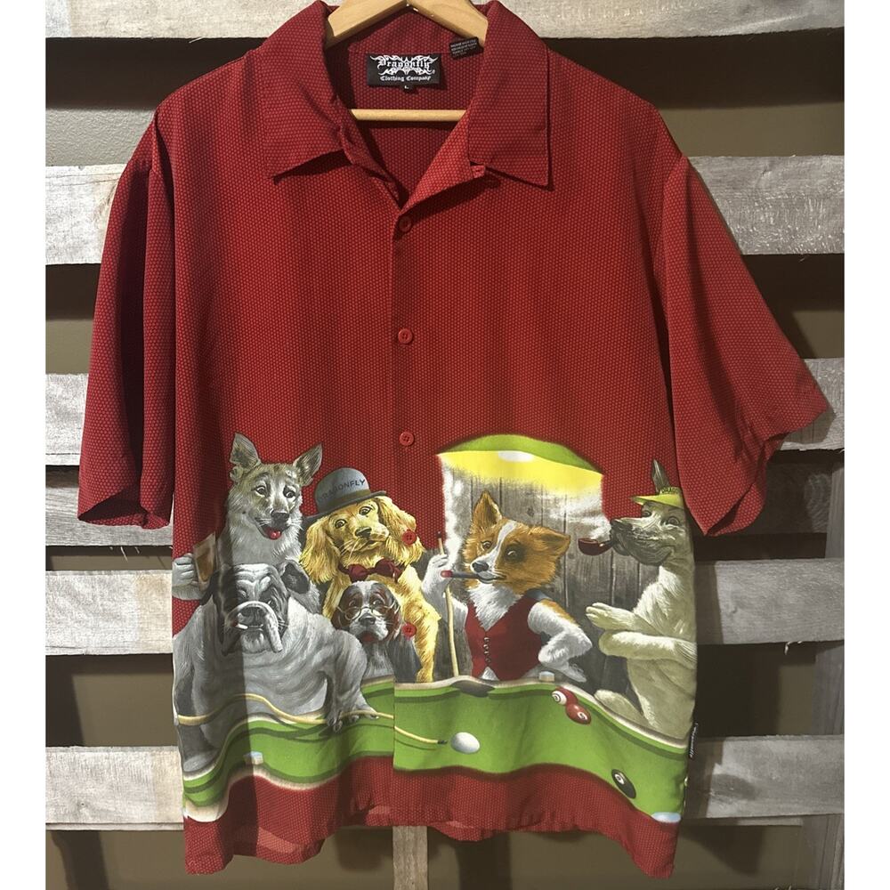 Dragonfly Pool Hall Dog Graphic Button Up Shirt Size Large
